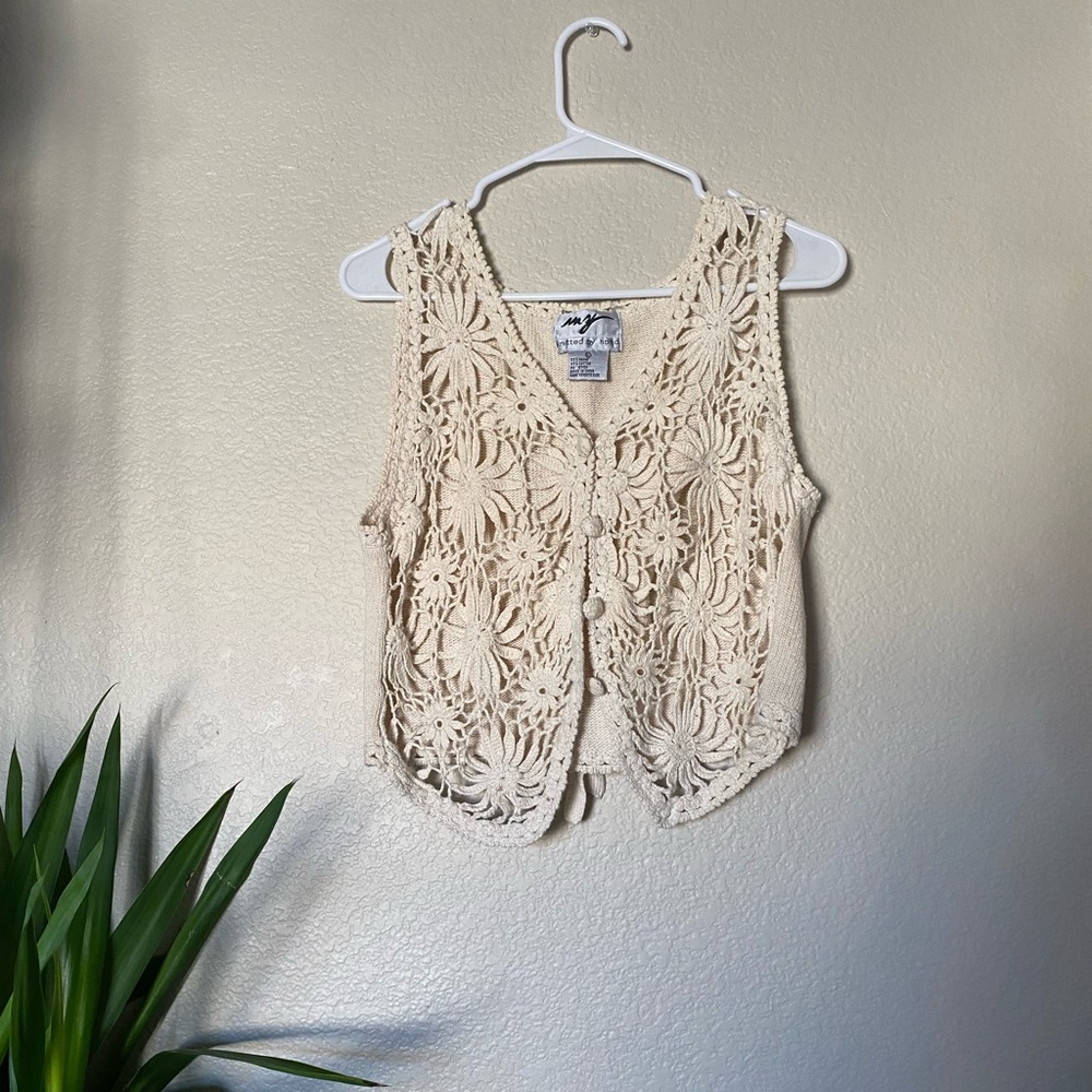 vintage tan knit flower vest
